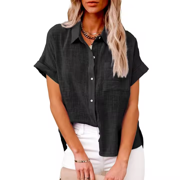 Verano mujer lino bolsillo blusa camisas pantalón corto casual manga OL entrenamiento blusa suelta Tops LRFZ-6022 - 1