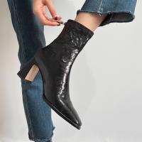 Piel de oveja completa rayada a mano nueva cabeza cuadrada tacones altos franceses delgados - details 7