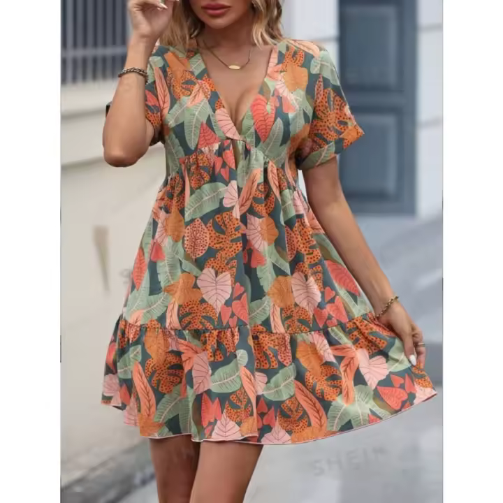 Primavera y verano nuevo vestido plisado suelto con cuello en V de color sólido para mujer - 1