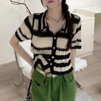 Chaleco de Crochet a Rayas de Moda para Mujer Cuello con Botón, Top Corto de Punto Transparente, Estilo Vintage de Teen Girls Fairycore - details 0