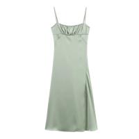 Vestido largo con tirantes de cintura alta, textura satinada PB&ZA2025, color sólido, novedad de verano, ropa de mujer. - details 1