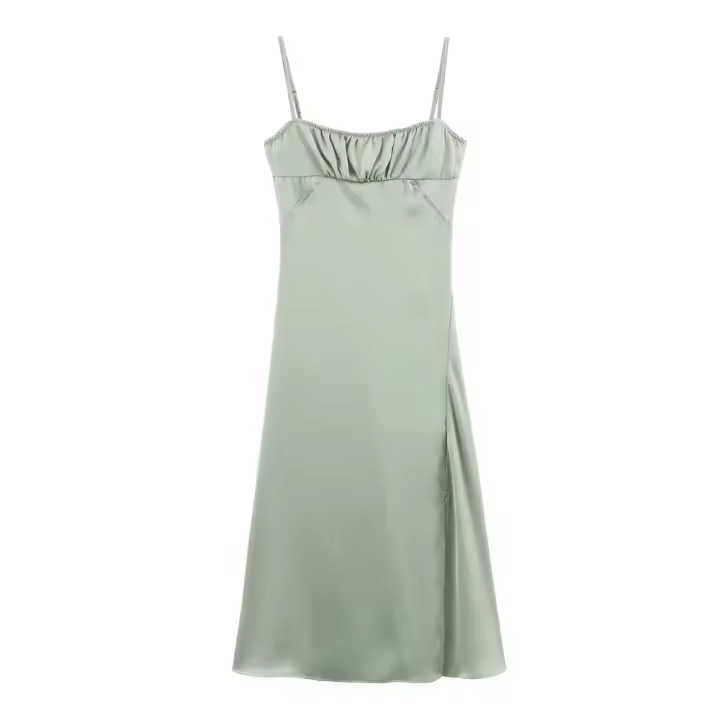 Vestido largo con tirantes de cintura alta, textura satinada PB&ZA2025, color sólido, novedad de verano, ropa de mujer. - 1