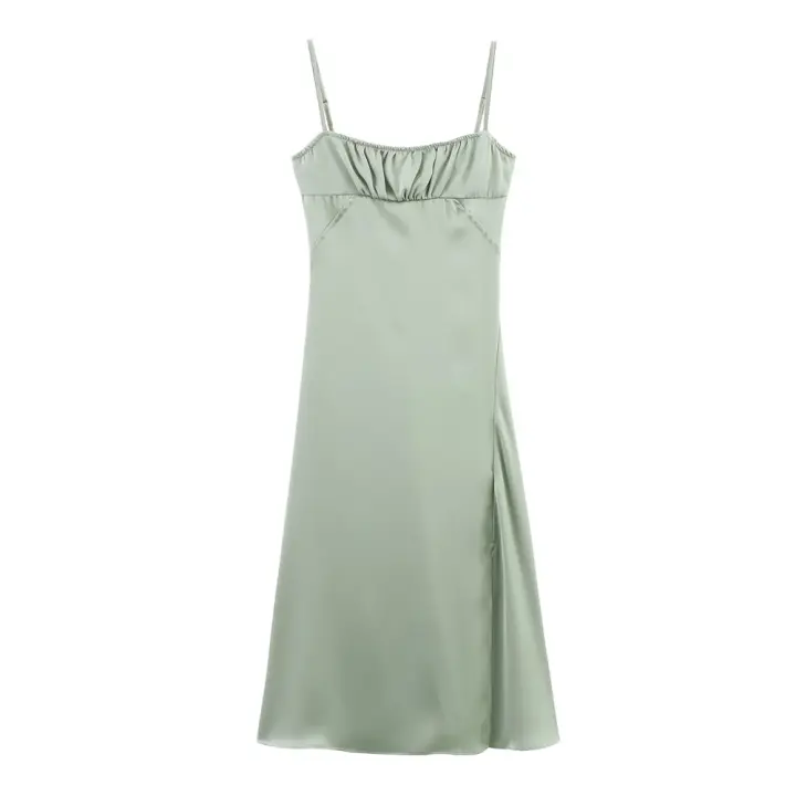 Vestido largo con tirantes de cintura alta, textura satinada PB&ZA2025, color sólido, novedad de verano, ropa de mujer. - 1
