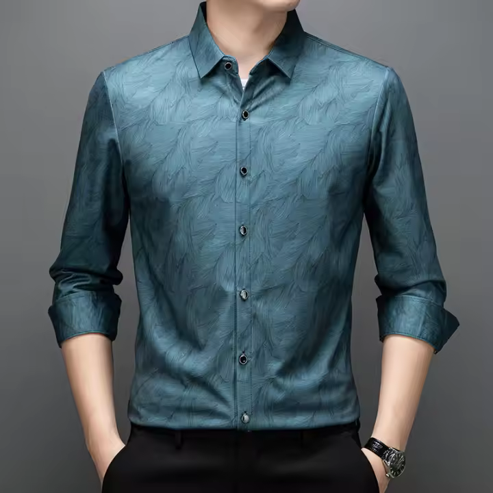 Camisa de Seda Gelada Versátil para Hombres Larga Manga, Impresa, Resistente a Arrugas, Ligera en Primavera Otoño - 1