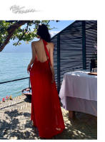 Vestido de vacaciones halter rojo vestido de playa dividido ropa de foto junto al mar falda con tirantes de cuello de hada súper - details 12