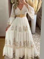 Elegante Vestido Maxi de Encaje Retro para Mujer Cuello en V Clásico con Mangas Aretes - details 2