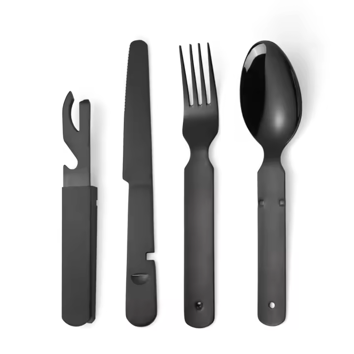Cubiertos portátiles, cubiertos negros, cubiertos para acampar, cuchara de acero inoxidable, tenedor, cuchillo y abridor de botellas, utensilio de 4 piezas para viajes al aire libre, plegable, fácil de limpiar - 1