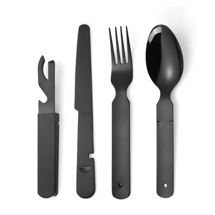 Cubiertos portátiles, cubiertos negros, cubiertos para acampar, cuchara de acero inoxidable, tenedor, cuchillo y abridor de botellas, utensilio de 4 piezas para viajes al aire libre, plegable, fácil de limpiar - 1