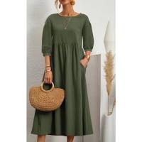 Vestido holgado sin mangas de algodón y lino con bolsillos de color liso - details 2