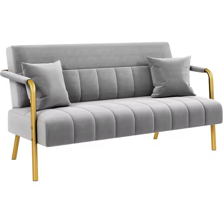 Sofá de dos plazas de tela de terciopelo con reposabrazos y patas de metal, sofá moderno con 2 cojines para salón/dormitorio, gris claro - 1