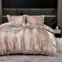 Set De Edredón Satinado 3PCS Colores Blanco Khaki Y Rosa Seda Suave Con Volantes Estilo Moderno Para Cama Conjunto De Ropa De Cama - details 32