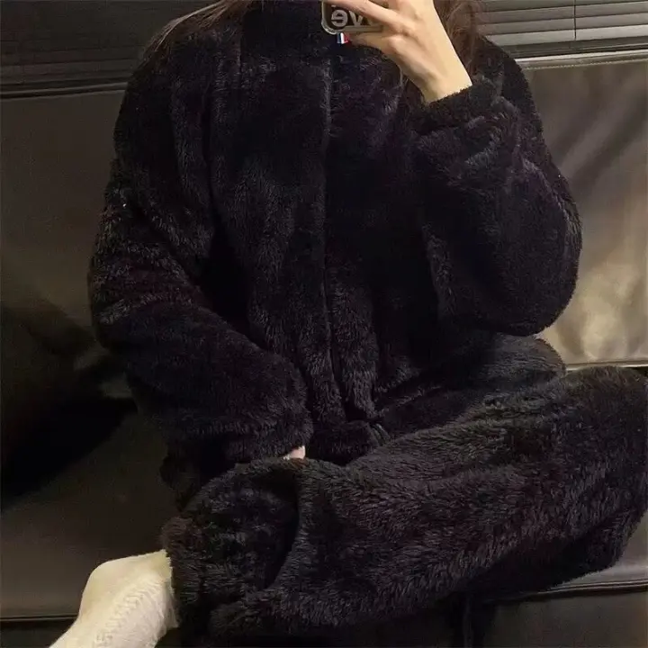 Conjunto de pijama de 2 piezas para hombre, suéter de cuello redondo cálido Polar Coral de invierno, pijama de Color sólido a la moda - 1