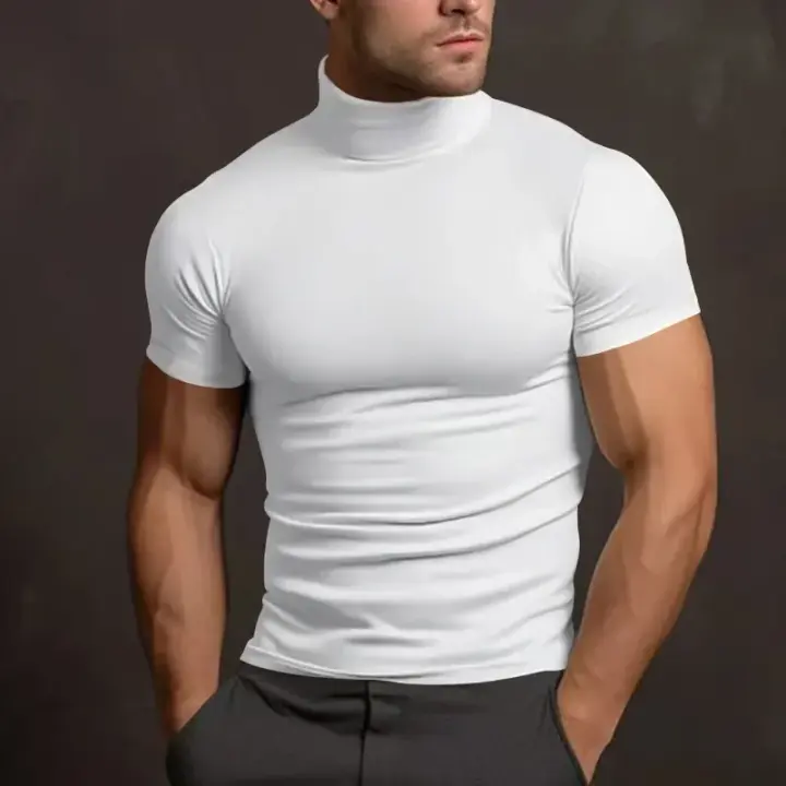 Camiseta de manga corta para hombre, Camisa ajustada de cuello alto, color sólido, moda de verano - 1