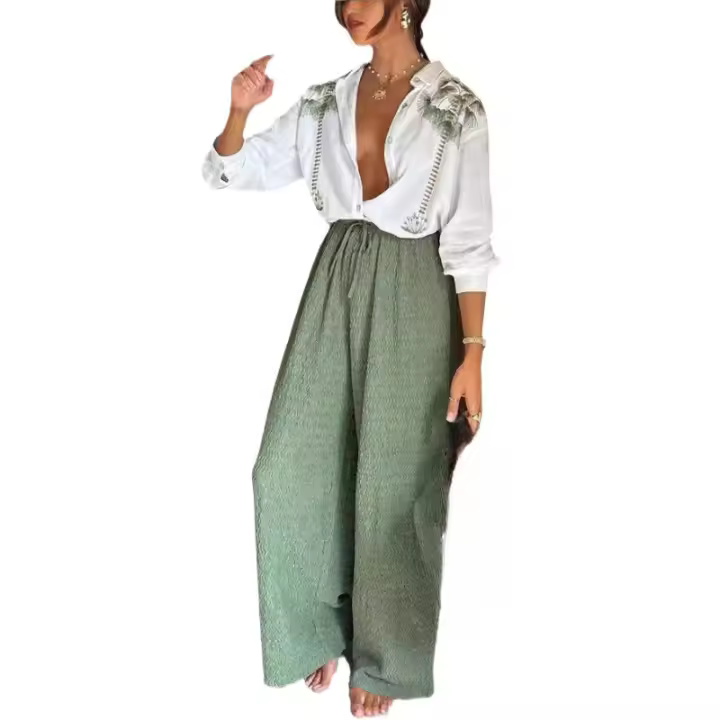 2025 nueva moda ropa de mujer, camisa estampada de manga larga + conjunto de pantalones, conjunto de dos piezas, casual relajado - 1