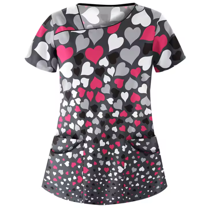Ropa de trabajo femenina, Bolsillo de manga corta, blusa impresa en cuello V, enfermera - 1