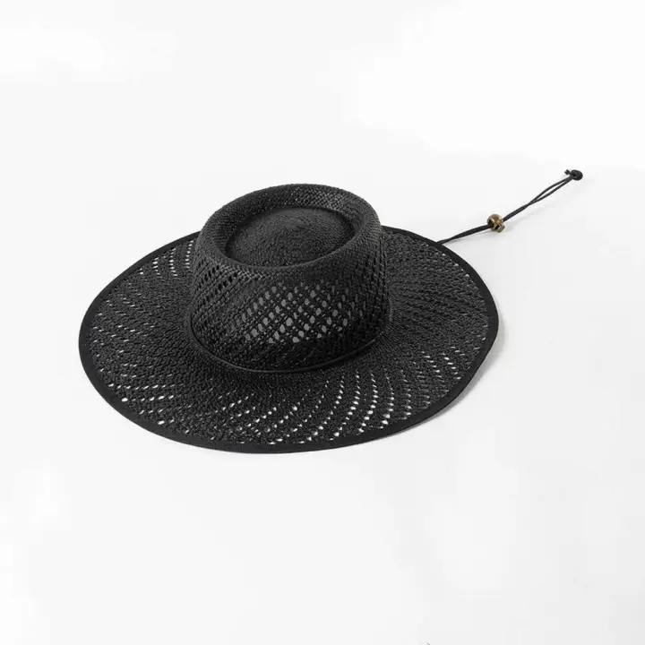 Primavera verano nueva moda trenza hueca paja con sombrero para el sol de playa al aire libre grande y con lazo de cuerda - 1
