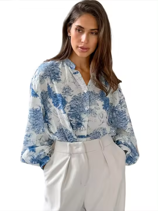 Nueva camisa holgada estampada de manga larga elegante con botones para mujer - 1