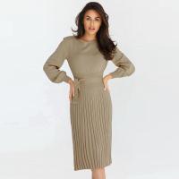 Vestido de ganchillo plisado para mujer con cuello redondo, vestido de punto, manga larga, elegante y bonito, color sólido - details 6