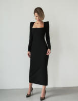 Vestido largo con cuello cuadrado para mujer, temperamento francés pequeño, negro, tejido hasta la cadera - details 1