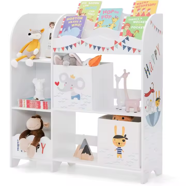 Estantería Infantil de Madera y Tela 5 Estantes y 2 Cajones Ideal para Dormitorio Salón Guardería - 1