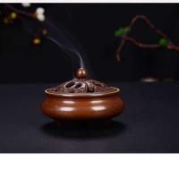 Quemador casero de cobre con placa antigua inspirada en Zen de tres patas cubierto de loto puro, quemador de incienso para la ceremonia del té budista - details 4