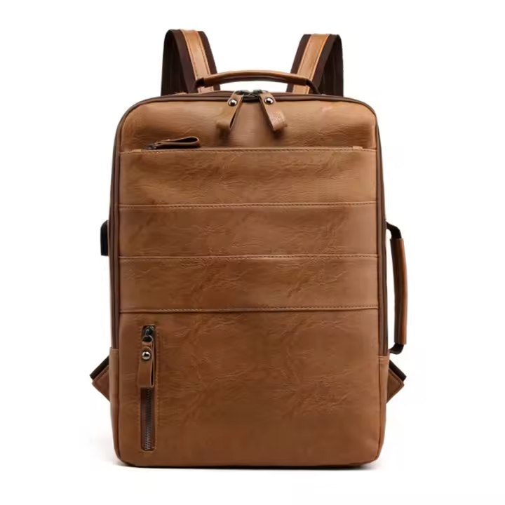 Mochilas de Negocios impermeables para hombre, Bolso para portátil de cuero PU, Gran capacidad, Carga USB, Bolsa de viaje a la moda - 1