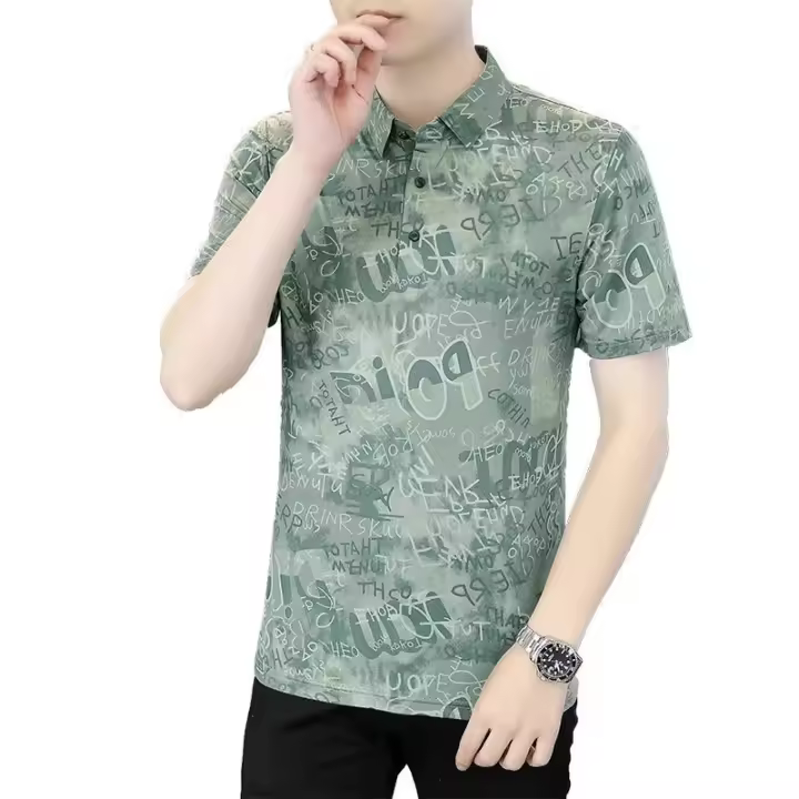 Polo de seda de hielo para hombre, camiseta de manga corta fino de verano, top informal con cuello de camisa - 1