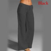 Pantalones de pierna ancha de lino y algodón para mujer, pantalón largo recto con cintura elástica y cordón, holgado e informal, con bolsillos lisos - details 4