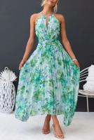 Vestido Largo Estampado Verde para Mujer Elegante sin Mangas con Cuello Halter para Fiesta Nocturna y Club Nocturno - details 5