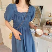 Vestido de verano para mujer, fruncido plisado, cuello cuadrado, manga corta, manga de burbuja, vestido de mujer de Color sólido, vestido Midi con dobladillo suelto - details 13