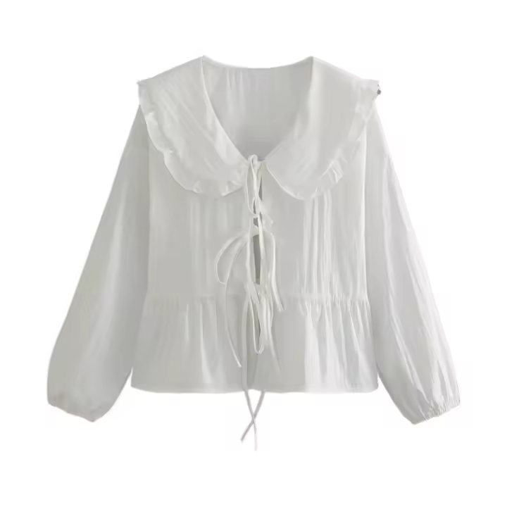 BUNO-Blusa de manga larga con lazo frontal para mujer, Top blanco elegante, camisas informales de verano, 2025 - 1