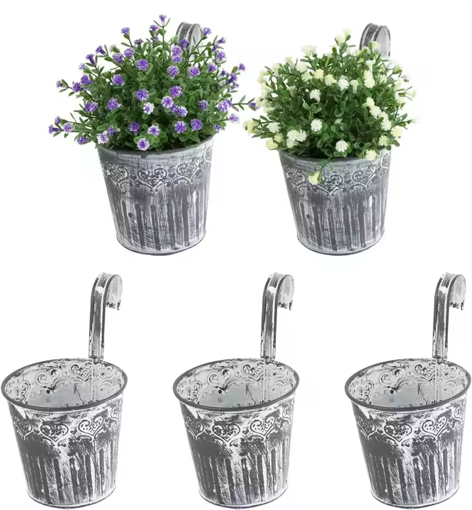 5 piezas de macetas colgantes, macetas decorativas pequeñas de metal, cubo de flores retro con gancho para flores y plantas, pared, balcón - 1