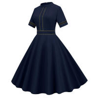 Solid women summer elegant short sleeve stand collar vintage a-line midi long party dress - details 2