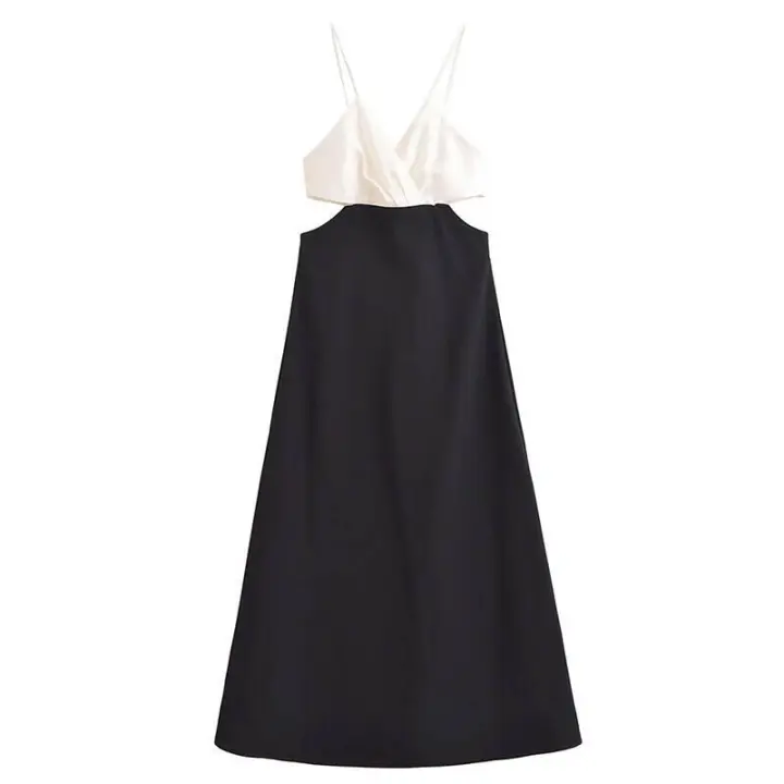 Vestidos de fiesta sin espalda midi con corte en A en contraste blanco y negro, vestido corto con cuello en V y tirantes finos sexys para mujer 2025 - 1