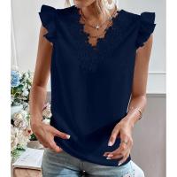Camiseta elegante a la moda para mujer, camisa informal tejida con encaje plisado de retales de manga corta con cuello en V pequeño para mujer - details 8