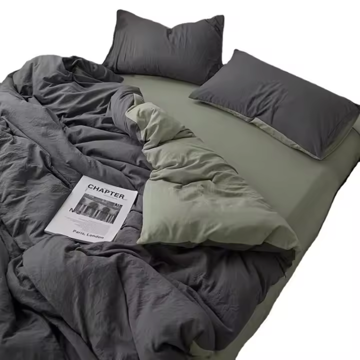 Juego de cama de cuatro piezas de Color sólido lavado, sábanas de algodón cepillado Simple, funda de edredón, juego de tres piezas para dormitorio - 1