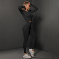 Conjuntos de gimnasio para mujeres 2 piezas manga larga ropa de yoga top cropped costilla alta leggings sin costuras material elástico para primavera/verano - details 1