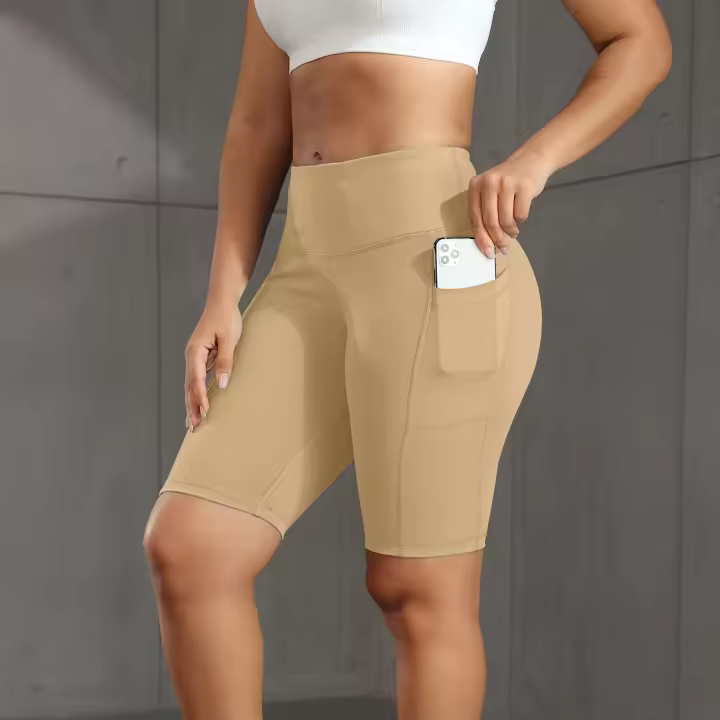 Pantalones cortos de yoga lisos para mujer, medias de entrenamiento con 3 bolsillos, cintura alta, levantamiento de glúteos, pantalones cortos elásticos para ciclismo, ropa deportiva - 1