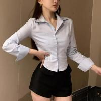 Camisa coreana blanca de oficina de gasa para mujer, blusa con solapa y botones de bolsillo para mujer, Tops cortos de manga larga para ir al trabajo para primavera - details 3