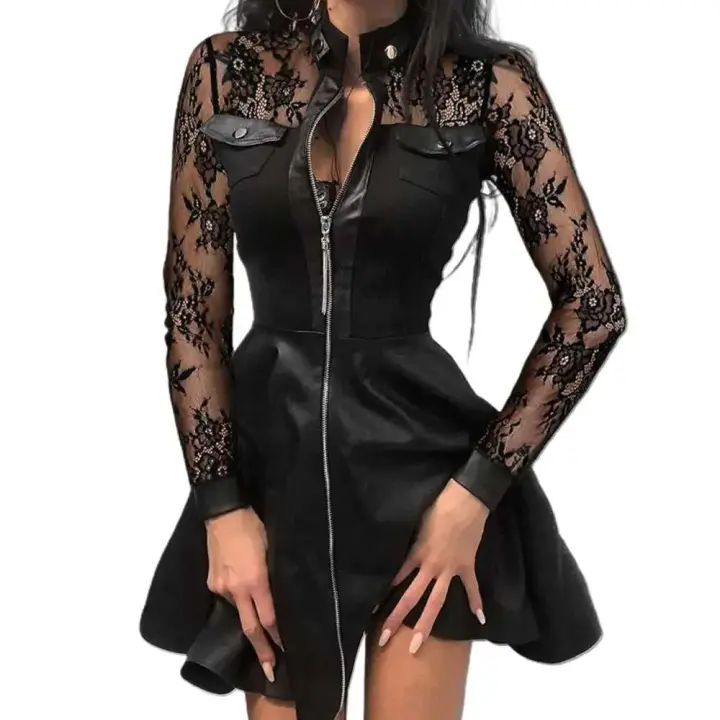 Mini Faldas de Moda para Mujeres Manga Larga, Bolsillos, Cremallera, Cuero Sintético, Elegante y Delgada - 1