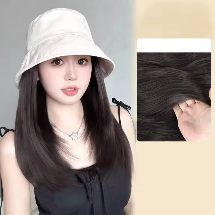 Peluca de sombrero de pescador sintético para mujer, peluca de pelo liso y corto esponjoso, sombrero de cubo, gorra de sombrilla de verano de Hip Hop - 1