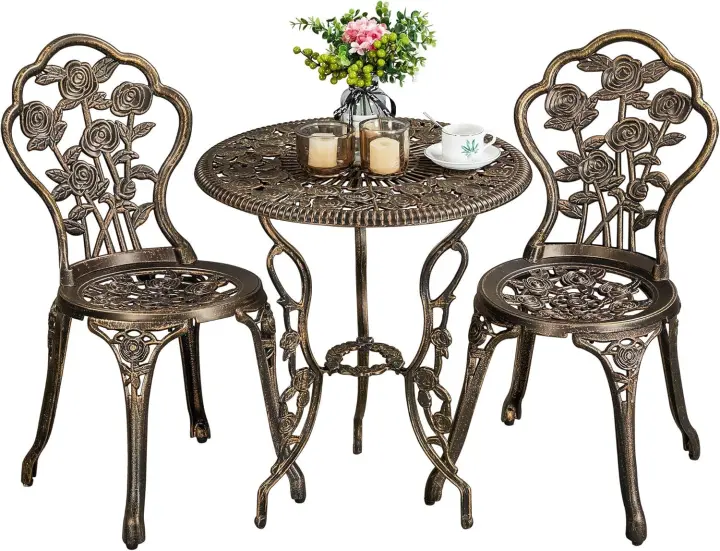 Conjunto de mesa y sillas vintage para exteriores, juegos de muebles de jardín de aluminio, una mesa con dos sillas para balcón, bronce. - 1