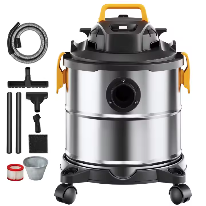 SucceBuy Wet/Dry Shop Vacuum, 6 Peak HP 20L, Acero inoxidable, Potente aspiradora y soplador, Portátil con accesorios, Ideal para alfombras y escombros, Plata + Negro - 1
