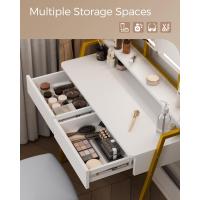 Maquillaje con espejo y luz LED, iluminación ajustable, mesa de maquillaje con taburete, 2 cajones de almacenamiento y estantes, estructura de metal, para dormitorio, blanco y dorado - details 4