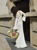 Vestido largo de punto con mangas acampanadas y dobladillo con volantes para mujer, Vestido elegante con espalda descubierta y cuello redondo con cordones, batas de vacaciones para mujer - details 15
