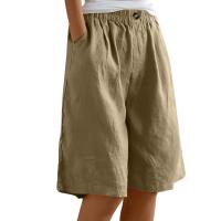 Pantalones Cortos de Lino y Algodón para Mujer Color Sólido, Cintura Suelta, Bolsillo, Botón, Moda Casual - details 11