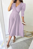 2025 nuevo vestido de swing grande de manga de siete cuartos ceñido con cintura plisada de color sólido para mujer - details 4