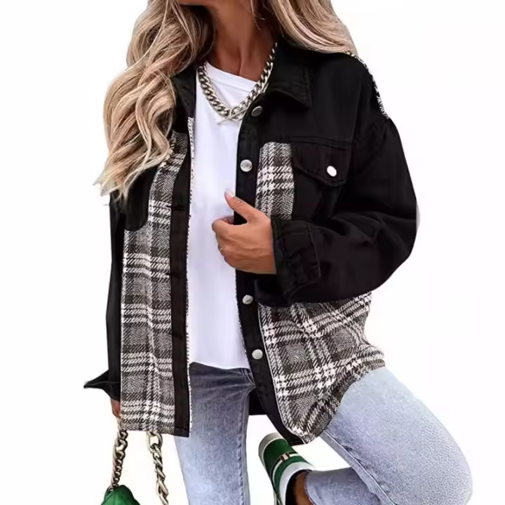 Chaqueta vaquera con estampado a cuadros, abrigos informales, tops con chips, chaquetas de mujer, moda de invierno - 1