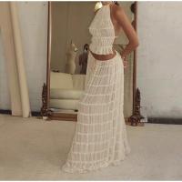 Conjunto de Top corto plisado y falda larga para mujer, traje de 2 piezas con cuello Halter sin mangas y Espalda descubierta - details 7