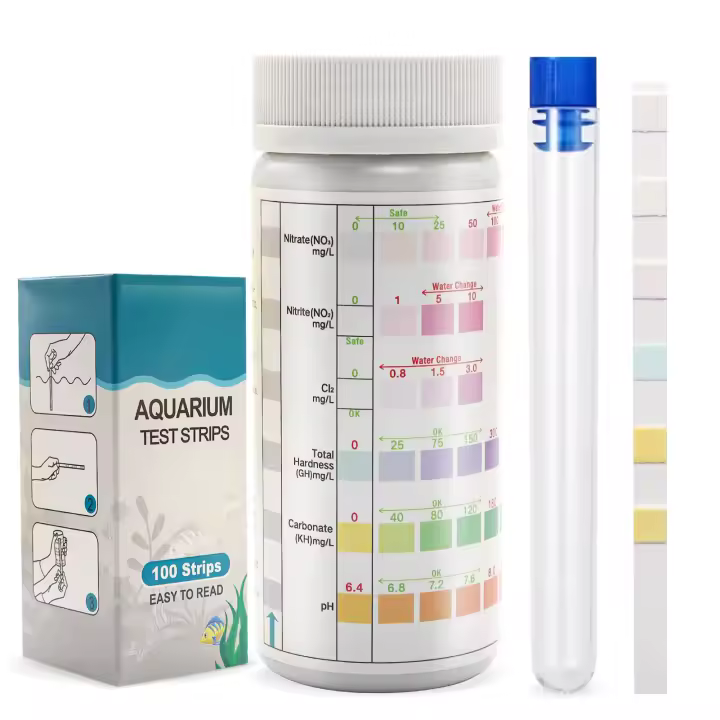 Tiras reactivas para acuario – Kit de prueba de agua para pecera 6 en 1, contiene 100 tiras reactivas rápidas y precisas para pecera y 1 termómetro para pecera, kit de prueba de agua para estanques y otros peceras - 1